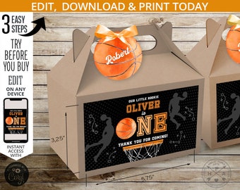 Etiquetas para cajas de regalo con diseño de baloncesto. Adhesivos para cajas de regalo para llevar con asa. Regalos para fiestas de cumpleaños de niños deportistas novatos. Etiqueta editable. 218HPA 22 C2