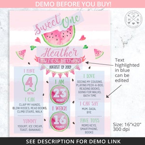 Pu&ograve; includere: Un poster di pietre miliari del primo compleanno a tema anguria con strisce rosa e verdi. Il poster presenta un'illustrazione di anguria, il nome "Heather" e dettagli sul primo anno del bambino, tra cui l'et&agrave;, l'altezza, il peso e le attivit&agrave; preferite. Il testo "Sweet One" &egrave; scritto in un carattere fantasioso.
