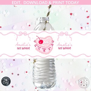 Rosa Kuchen Schleife Wasserflasche Wasserflasche Mädchen Geburtstag Mädchen Pariser wunderliches französisches Etikett Bonjour Party. Bearbeitbar bedruckbar. 271HPA 19 C2