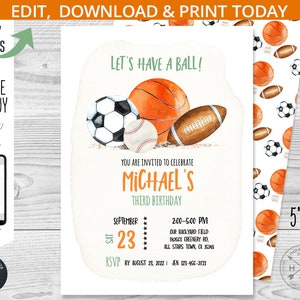 Ayons une invitation d'anniversaire de sports de balle balles toutes les étoiles fête de garçon inviter une fête d'activités de jeu de football. Conception de carte modifiable. 204HPA 01