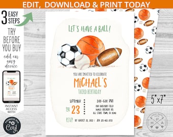 Let&#39;s have a ball sports birthday invitation balls all stars boy party invite soccer game activities party. Editable card design. 204HPA 01