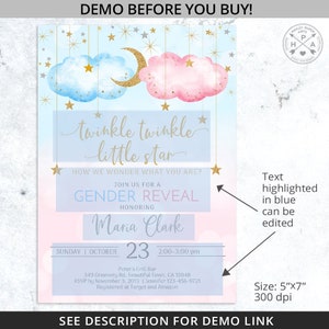 Twinkle twinkle little star gender reveal baby shower pink blue clouds stars invitation. Instant access to selfeditable template. 177HPA 02 image 3