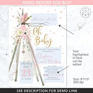 Op de afbeelding: Een babyborrel uitnodiging met een aquarel illustratie van een tipi versierd met bloemen en veren. De tekst "Adventure Awaits" staat in een blauwe box. De tekst "Oh Baby" is in gouden glitter. De tekst "Stephanie and Matthew" is in roze en blauw. De uitnodiging is voor een babyborrel op zaterdag 23 april van 14:00 tot 16:00 uur. De tekst "Our TeePee" staat in een blauwe box. Het adres en de RSVP informatie staan hieronder vermeld. De tekst "Registered at Target and Amazon" staat in een blauwe box.