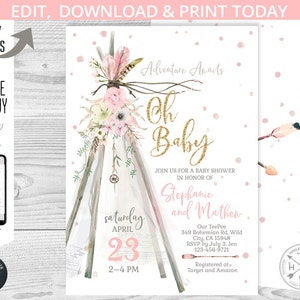 Op de afbeelding: Een roze en gouden babyshower uitnodiging met een tipi-ontwerp en de tekst "Adventure Awaits Oh Baby". De uitnodiging bevat de namen "Stephanie en Mathew" en de datum "Zaterdag 23 april, 14:00-16:00 uur".