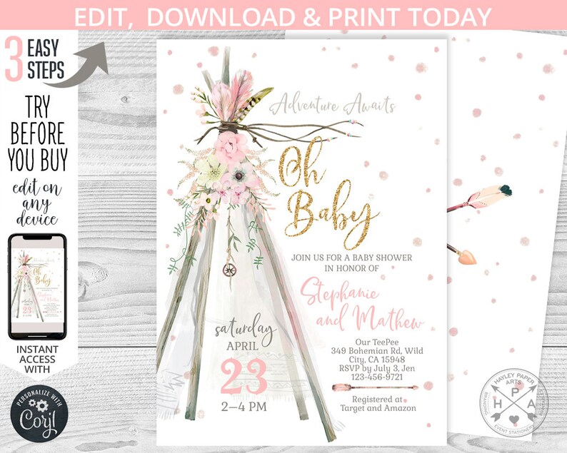 Op de afbeelding: Een roze en gouden babyshower uitnodiging met een tipi-ontwerp en de tekst "Adventure Awaits Oh Baby". De uitnodiging bevat de namen "Stephanie en Mathew" en de datum "Zaterdag 23 april, 14:00-16:00 uur".