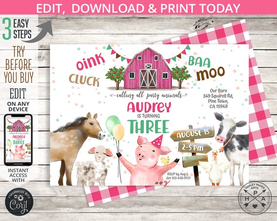 Farm animals invitation girl pink barn party cow, pig, sheep, cowgirl cowboy country rodeo. Printable editable template. Digital. 150HPA 03 Il_570xn