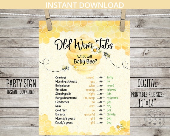 BEE gender reveal baby shower Old Wives Tales party table sign 11x14 boy girl printable poster what will baby bee. NOT EDITABLE 049HPA 21 04 Il_570xn