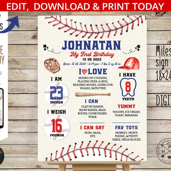 Baseball 1st birthday stats milestone poster sign. Little rookie year first sports board chalkboard. Self editable printable. 191HPA 24