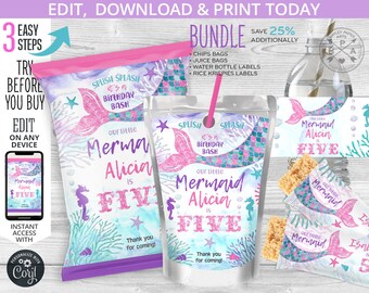BUNDLE Mermaid chips bag, juice bags, water bottle labels, rice krispies label, chips pouch, wrapper, birthday. Editable template. 060HPA 57