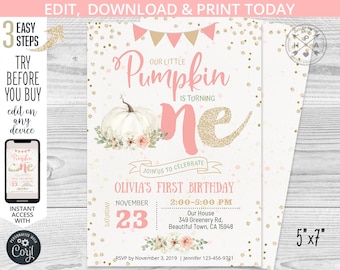 Pumpkin first birthday ONE invitation pink floral gold glitter girl fall autumn 1st party invite invitations. Editable template. 082HPA 01