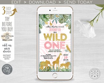 Jungle wild one electronic invitation pink gold safari animals birthday smartphone e-vite, digital invite. Selfediting 400HPA E041 05 041HPA