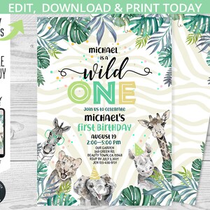 K&ouml;nnte beinhalten: Eine druckbare Einladung zu einer ersten Geburtstagsfeier mit Dschungel-Thema. Die Einladung zeigt ein Zebra, eine Giraffe, einen L&ouml;wen, ein Nashorn und einen Elefanten vor einem gr&uuml;n-wei&szlig; gestreiften Zebra-Hintergrund. Der Text auf der Einladung lautet "Michael is a wild one" und enth&auml;lt Datum, Uhrzeit und Ort der Party.