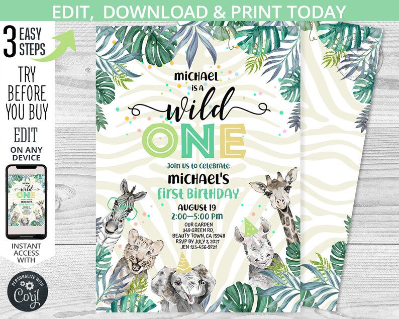 K&ouml;nnte beinhalten: Eine druckbare Einladung zu einer ersten Geburtstagsfeier mit Dschungel-Thema. Die Einladung zeigt ein Zebra, eine Giraffe, einen L&ouml;wen, ein Nashorn und einen Elefanten vor einem gr&uuml;n-wei&szlig; gestreiften Zebra-Hintergrund. Der Text auf der Einladung lautet "Michael is a wild one" und enth&auml;lt Datum, Uhrzeit und Ort der Party.