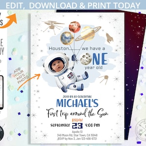 Outer space birthday invitation out of this world astronaut moon trip around the sun mission planet galaxy boy EDITABLE printable. 153HPA 01
