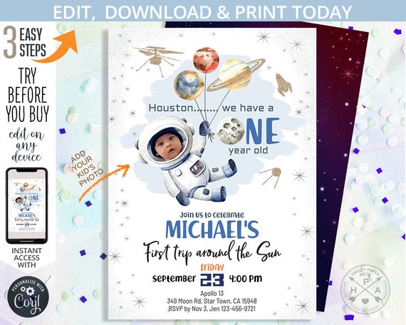 Outer space birthday invitation out of this world astronaut moon trip around the sun mission planet galaxy boy. EDITABLE template. 153HPA 01 Il_570xn