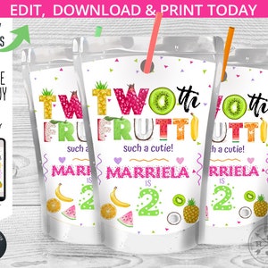 May include: Three printable juice box labels with a colorful fruit design. The labels feature the text "Two-oth Frutti" and "[Name] is 2".