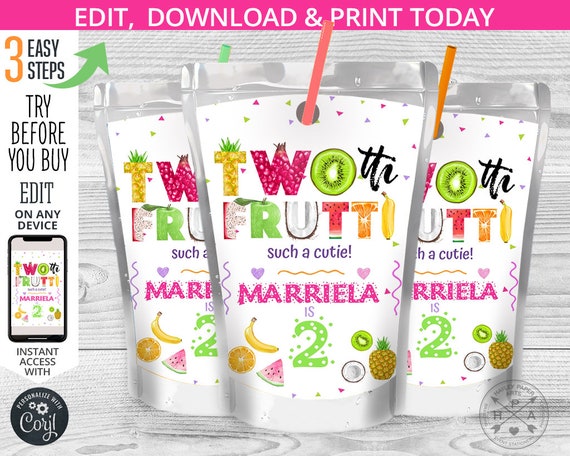 Twotti frutti juice bag label, capri juice bags, drink pouch, tropical fruits, pineapple, second 2nd birthday party. Template. 028HPA 31 A Il_570xn