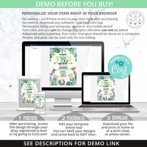 May include: A digital invitation design displayed on various devices, including a computer, tablet, and phone. The invitation features the text "TWO WILD" with animal illustrations and the text "MICHAEL'S SECOND BIRTHDAY". The image also includes instructions for purchase, personalization, and download.