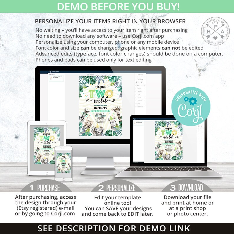 May include: A digital invitation design displayed on various devices, including a computer, tablet, and phone. The invitation features the text "TWO WILD" with animal illustrations and the text "MICHAEL'S SECOND BIRTHDAY". The image also includes instructions for purchase, personalization, and download.