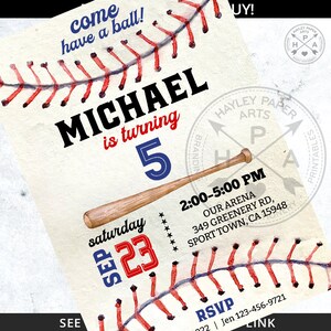 May include: Baseball-themed birthday party invitation with a red, white, and blue color scheme. The invitation features a baseball, a bat, and the text "Come have a ball! Michael is turning 5. Saturday, September 23rd. 2:00-5:00 PM. Our Arena, 349 Greenery Rd, Sport Town, CA 15948. RSVP: Jen 123-456-9721."