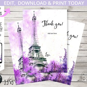 Eiffelturm danke Karten French Paris ohh la la boho bonjour Pariser Geburtstagskarte 3.5x5 lila. Bearbeitbar druckbar. 236HPA 09 B