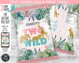 May include: Pink and white chip bag with a gold glitter border. The bag features a jungle theme with green leaves, a pink and blue "TWO WILD" text, and a gold glitter giraffe and lion. The bag is personalized with the name "JENNIFER'S".