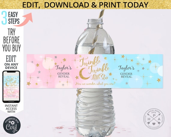 Twinkle twinkle little star gender reveal shower party water bottle label, blue pink golden shower party. Editable printable. 009HPA 12 A Il_570xn
