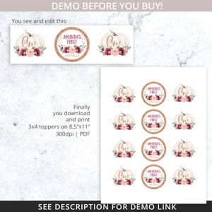 Pumpkin cupcake round toppers burgundy rose gold girl first 1st birthday party one. Instant access to the editable template. 085HPA 11 A image 4