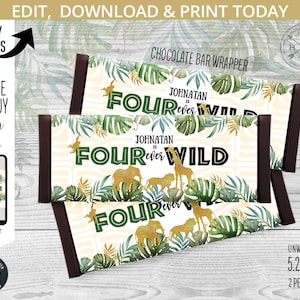 Dschungeltiere Schokoriegel Bonbonpapier Safari Geburtstag vierte 4. Geburtstag Party jedes Alter. Bearbeitbar sofort druckbar. 040HPA 33 E