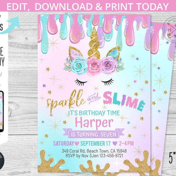 Slime sparkle unicorn birthday invitation purple pink glitter gold glitter magical party invite invitations. Editable template. 047HPA 01