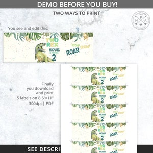 May include: Printable dinosaur party favor labels featuring a green dinosaur with the text "Two Rex" and "Michael is turning 2". The labels are designed for 8.5 x 11 inch paper and come in a set of 5.