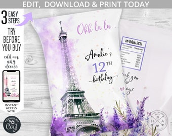 Eiffel tower paris chips bag, favor treats bags, chip wrapper, lavender parisian ohh lala birthday party. Editable printable. 236HPA 30 B