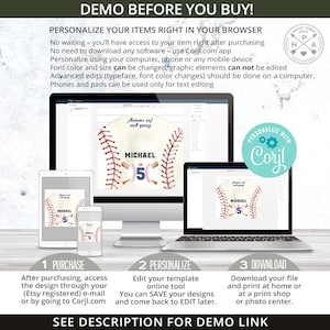 May include: A digital mockup of a baseball-themed birthday party invitation. The invitation features a white baseball with red stitching and a brown baseball bat. The text "Michael is 5" is written on the baseball. The invitation is customizable using an online design tool.