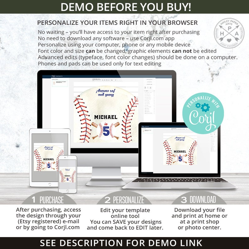 May include: A digital mockup of a baseball-themed birthday party invitation. The invitation features a white baseball with red stitching and a brown baseball bat. The text "Michael is 5" is written on the baseball. The invitation is customizable using an online design tool.