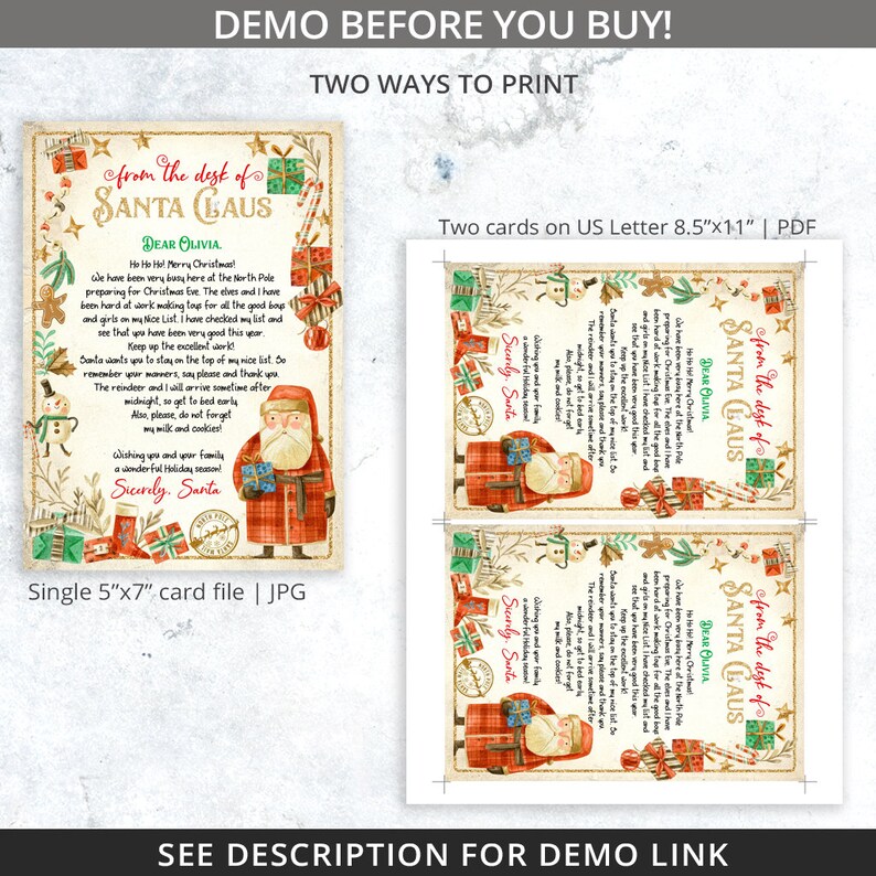 May include: Two printable Christmas cards featuring a cartoon Santa Claus with a red and black plaid coat, holding a gift box. The cards include a handwritten letter from Santa Claus to Olivia, with a gold and white background. The text on the cards reads "from the desk of SANTA CLAUS" and "Dear Olivia".