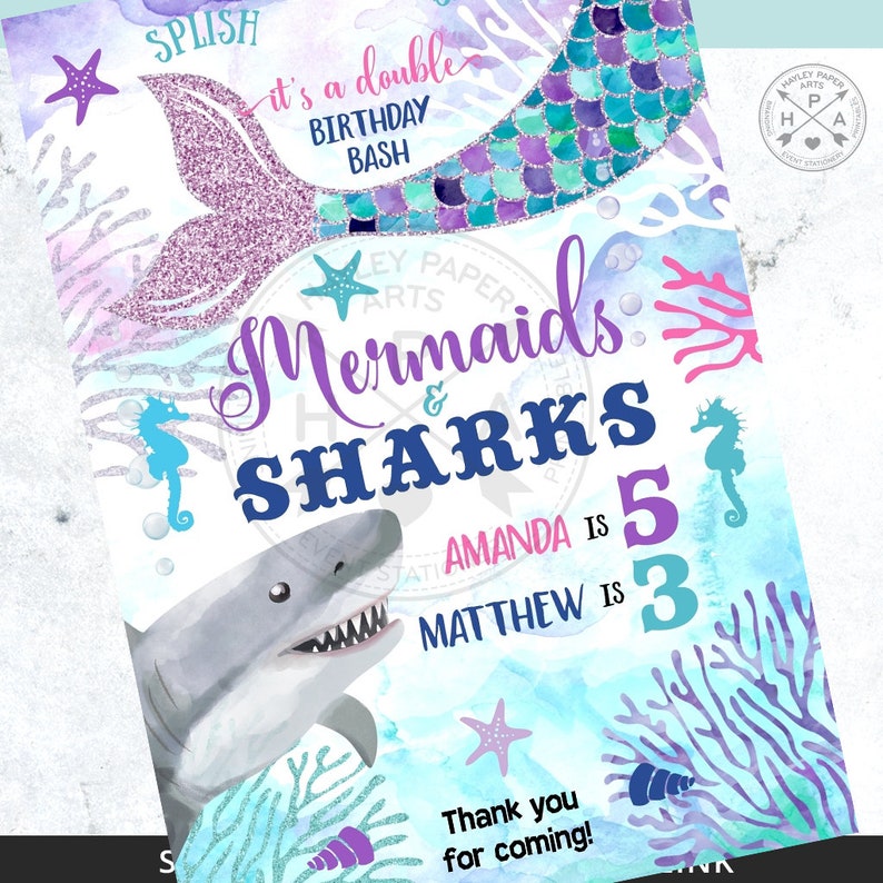 Mermaids and Sharks juice bag label, juice bag labels, under the sea, siblings any age joint birthday party editable template. 062HPA 18 image 5