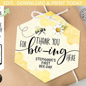 EDITIERBARE Bienenbevorzugung danke Polygon Honigkamm Geschenkanhänger. Geburtstags-Bee-Day-Tags. Bienen Kamille. Sofort Access Template. 059HPA 10A 049HPA