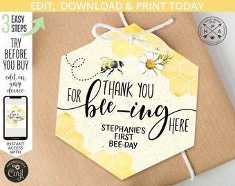 EDITABLE Bee favor thank you polygon honey comb gift tag. Birthday bee-day tags. Bees chamomile. Instant access template. 059HPA 10A 049HPA