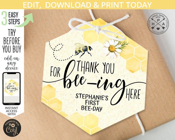 EDITABLE Bee favor thank you polygon honey comb gift tag. Birthday bee-day tags. Bees chamomile. Instant access template. 059HPA 10A 049HPA Il_570xn
