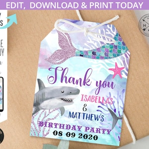 EDITABLE Mermaids and Sharks thank you favor tag under the sea joint birthday party girl boy. Instant access to template. 062HPA 10 202HPA