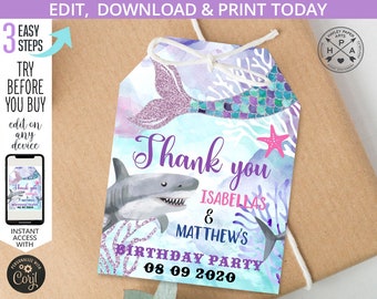 EDITABLE Mermaids and Sharks thank you favor tag under the sea joint birthday party girl boy. Instant access to template. 062HPA 10 202HPA