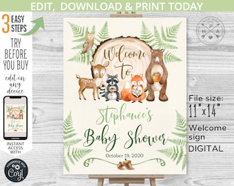 EDITABLE Woodland baby shower welcome sign. 11x14 party poster board. Deer bear fox owl ferns greenery forest animals. DIGITAL. 091HPA 14 A