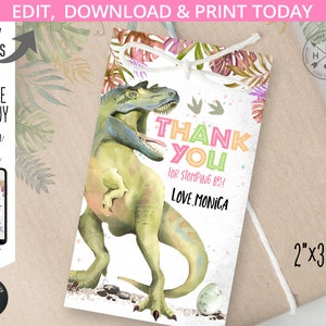 Etiqueta de regalo de agradecimiento de dinosaurio, tercer cumpleaños de niña rex dino-mite T-Rex, etiqueta rectangular de agradecimiento. Editable imprimible. 137HPA 09 A