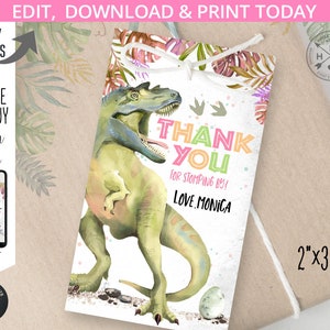 Dinosaur thank you favor gift tag third three rex dino-mite T-Rex girl birthday thanks rectangular label. Editable printable. 137HPA 09 A image 1