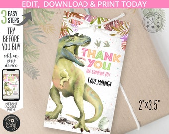 Dinosaur thank you favor gift tag third three rex dino-mite T-Rex girl birthday thanks rectangular label. Editable printable. 137HPA 09 A