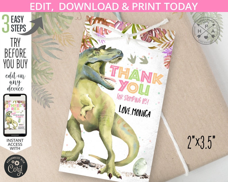 Dinosaur thank you favor gift tag third three rex dino-mite T-Rex girl birthday thanks rectangular label. Editable printable. 137HPA 09 A image 1