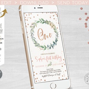 May include: A digital invitation for a first birthday party featuring a gold glitter one and a floral wreath on a pink and white background. The text reads "Join us to celebrate Sophia's first birthday, December 23, 12:00-5:00 PM".