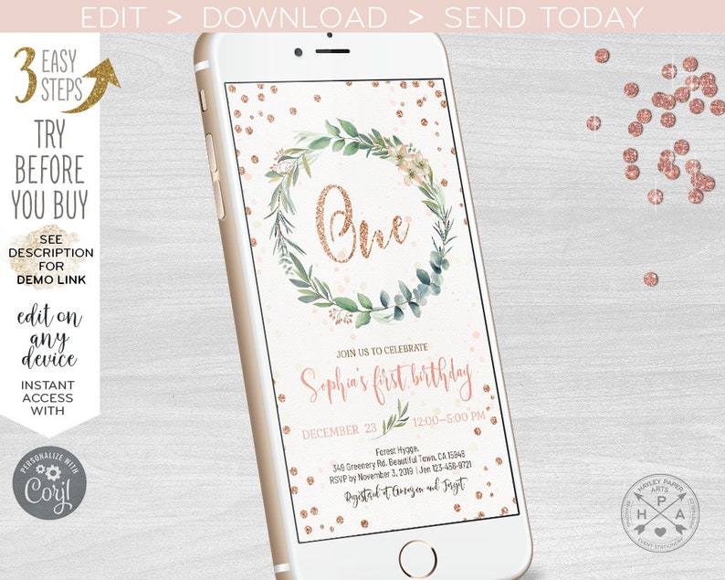 May include: A digital invitation for a first birthday party featuring a gold glitter one and a floral wreath on a pink and white background. The text reads "Join us to celebrate Sophia's first birthday, December 23, 12:00-5:00 PM".