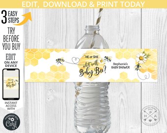 May include: A printable water bottle label with a yellow honeycomb pattern and a bee design. The text on the label reads "He or She what will Baby Bee?" and "Stephanie's Baby Shower".