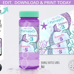 May include: Printable bubble bottle label with a mermaid theme. The label features a purple and teal mermaid with glitter accents and the text "Our Little Mermaids Jessica is 3".